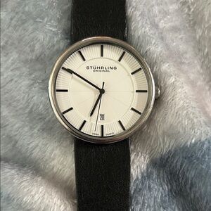 Stuhrling Original Men's Black Leather Strap Watch - White Dial & Silver Case